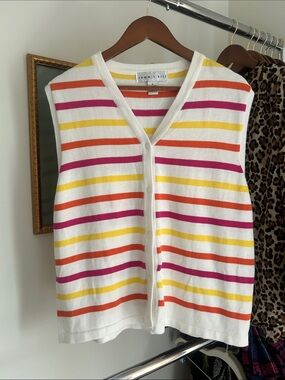 XL striped cardigan v neck sweater in white orange yellow and magenta